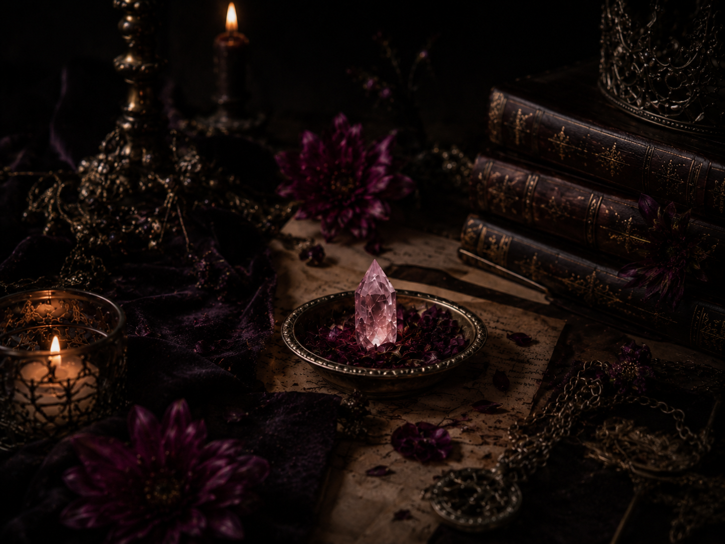 A pink crystal on a dark romantic table for the Heirs of Elydor fantasy romance series