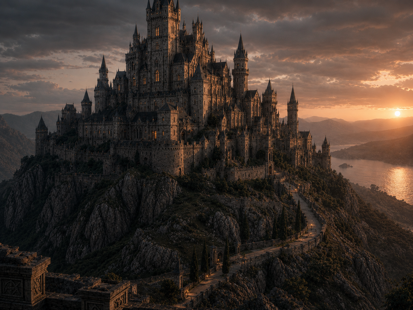 A castle on a cliff at sunset for the Kingdoms of Meria alternate medieval romance series