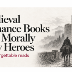 Medieval romance books with morally gray heroes, with a vintage sword resting on stone and a castle in the distance